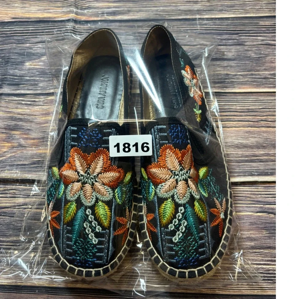 Johnny Was Espadrille Flats Womens EU 41 Black Embroidered Floral Canvas Slip On